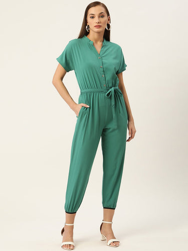 Green Belted Basic Jumpsuit - RueCollections